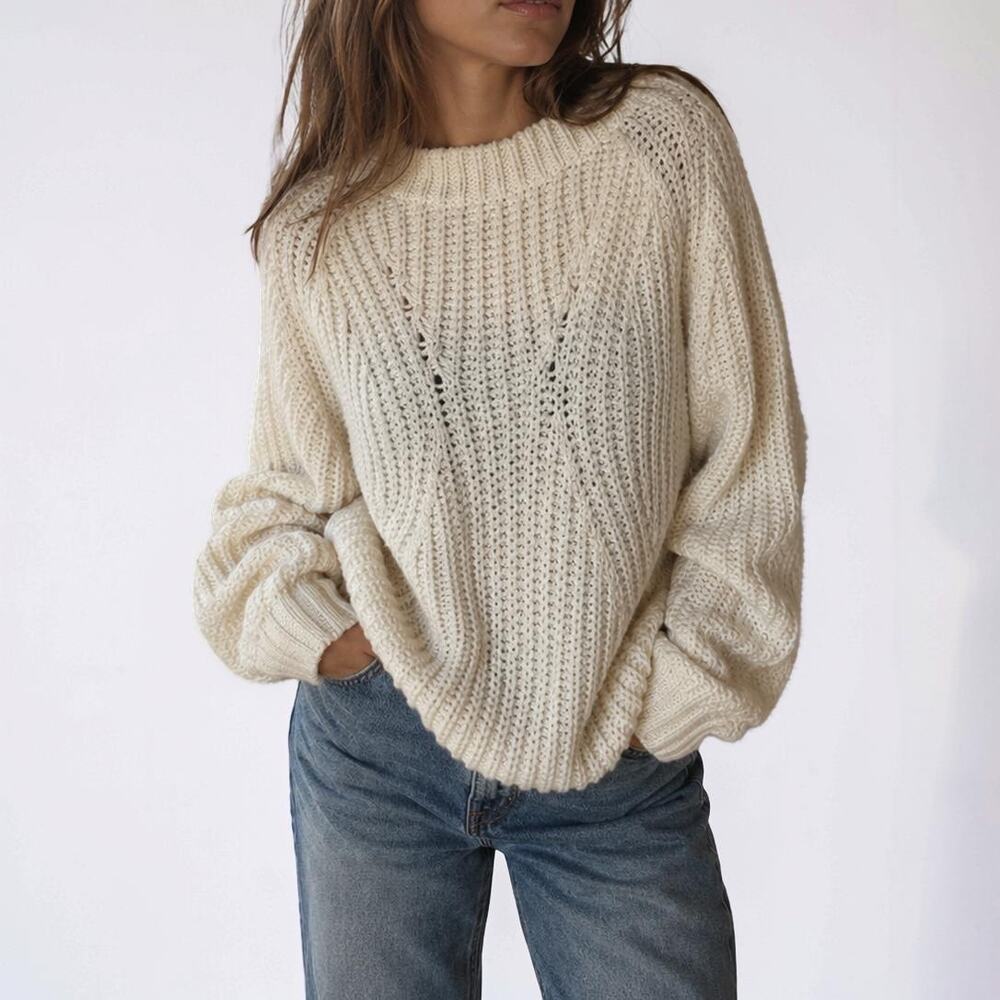Anine Bing Italian Made Chunky Knit Wool Blend Cream Fisherman Sweater XS